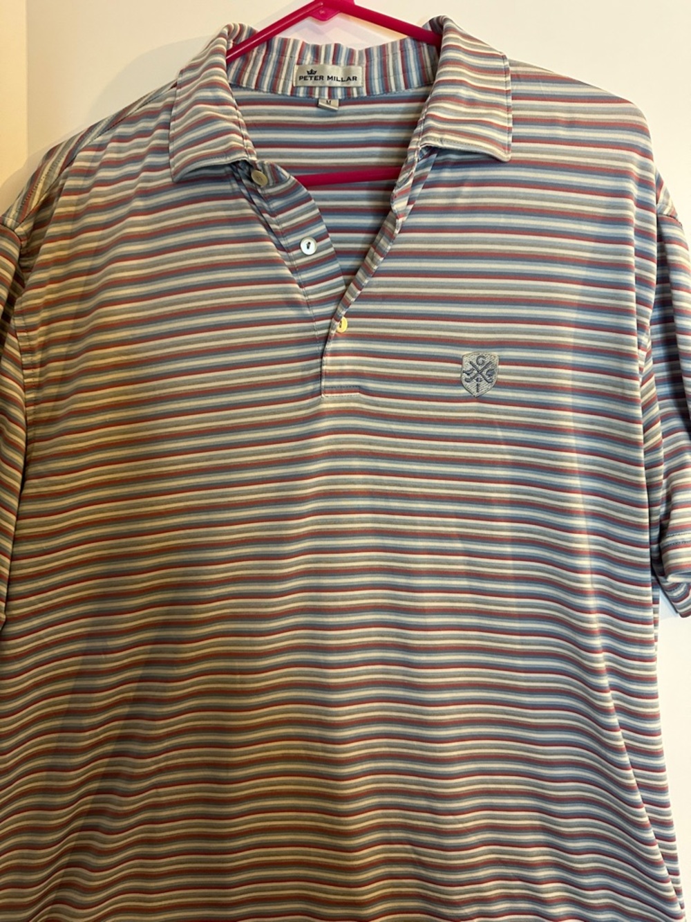 Peter Millar Striped Polo in Blue, Gray and Red Accents